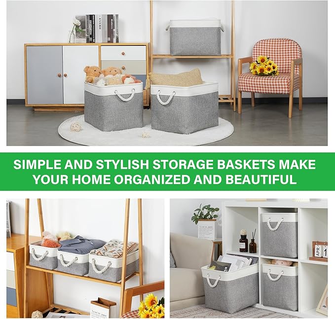 Bidtakay Large Storage Baskets for Organizing 3-Pack Fabric Closet Organizers Storage Bins with Handles 16x11.8x11.8 In Collapsible Baskets for Shelves Cloth Home Organization L-White&Grey