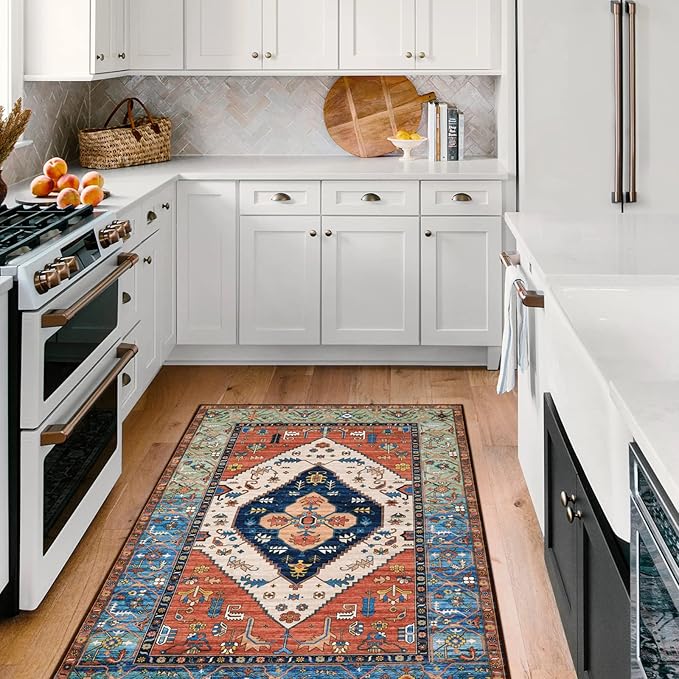 Lahome Boho 3x5 Washable Area Rugs, Small Non-Slip Bedroom Carpet Throw Low-Pile Rugs for Entryway Kitchen, Oriental Distressed Carpet for Bathroom Office Laundry Living Room, Rust
