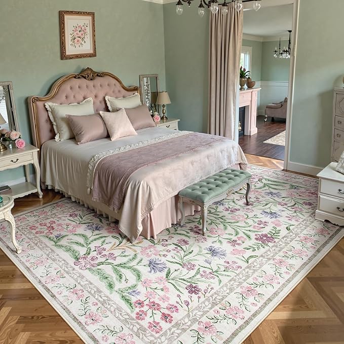 Wonnitar Purple Floral 8x10 Area Rugs, Washable Rug for Living Room, Soft Ultra-Thin Non-Shedding Large Indoor Boho Carpet for Bedroom Nursery Playroom Classroom Decor, Light Purple/Pink