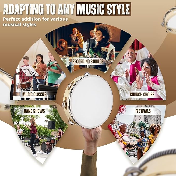 Flexzion Wooden Round Tambourine for Kids and Adults 6" Inch Single Row 8 Pair Jingles, Wood Handheld Percussion Instrument for Beginner and Professional Tambourine Player