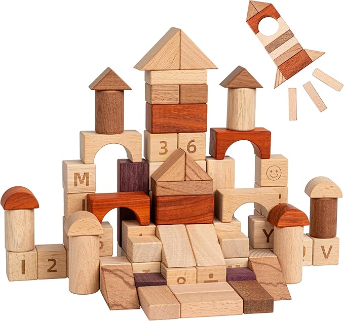 Alphabet Number Early Math Wooden Building Blocks Set - 86 Blocks in 6 Shapes with Wooden Storage Tray. Preschool Montessori Kids Toys. Stacking Learning Toys for Toddlers. Age 3 Years +