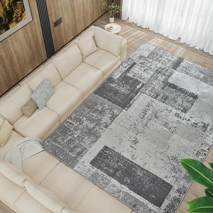 LOCHAS Rug for Living Room, Washable Soft Area Rugs for Bedroom 8x10, Abstract Carpet for Indoor Office Kids Dining Room Nursery Floor, Grey Geometric Vintage Home Decor, Non Slip, Pet Child Friendly
