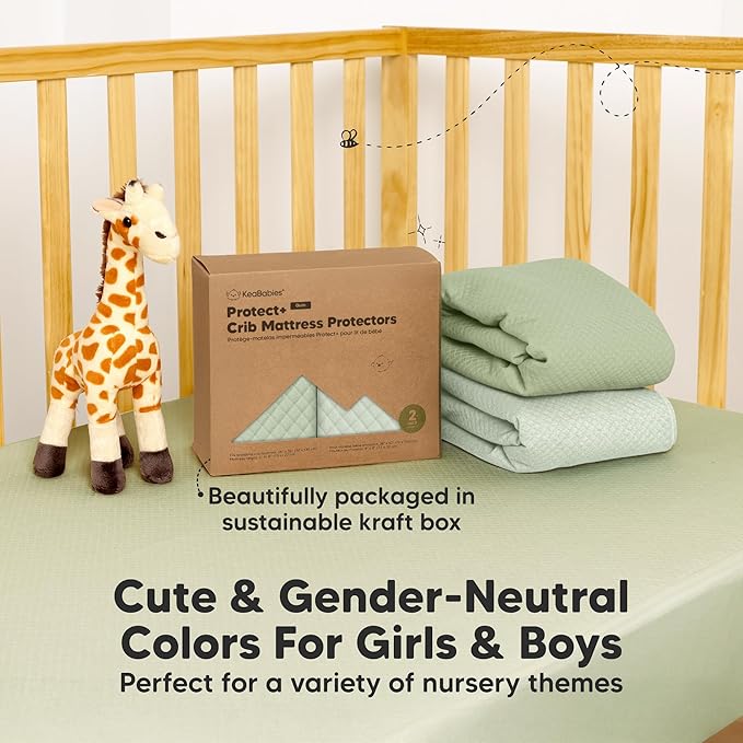 Waterproof Crib Mattress Protector Cover Fitted - 2-Pack Quiet Baby Crib Mattress Pad Sheets, 52" x 28" Soft Quilted Cotton Baby Sheet, Machine Washable, Easy Fit, Durable (Soft Fern/Quin)