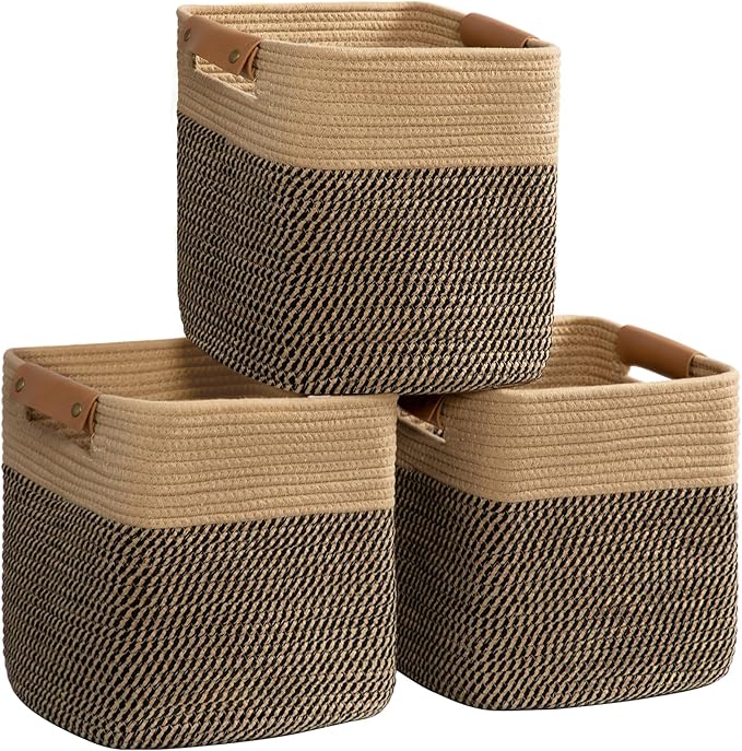 danpinera 3-Pack Cotton Rope Baskets for Storage, 11"x11" Cube Storage Cubes Store Toys, Towel, Snack, Storage Bins with Reinforced Stitching & Practical Handles, Black & Brown