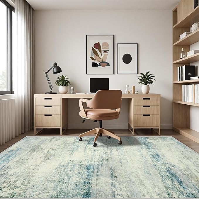 5x7 Area Rugs for Lliving Room Bedroom, Abstract Washable Rugs with Non-Slip Backing, Stain Resistant Thin Carpet for Dorm Dining Room Table Nursery Indoor Home Office-Blue/Gray