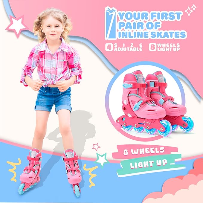 2PM SPORTS Inline Skates with Light Up Wheels, Roller Skates Blades for Boys Girls Kids Ages 5-8 8-12 4-6 6-12, Size Adjustable Beginner Blades Roller Skates