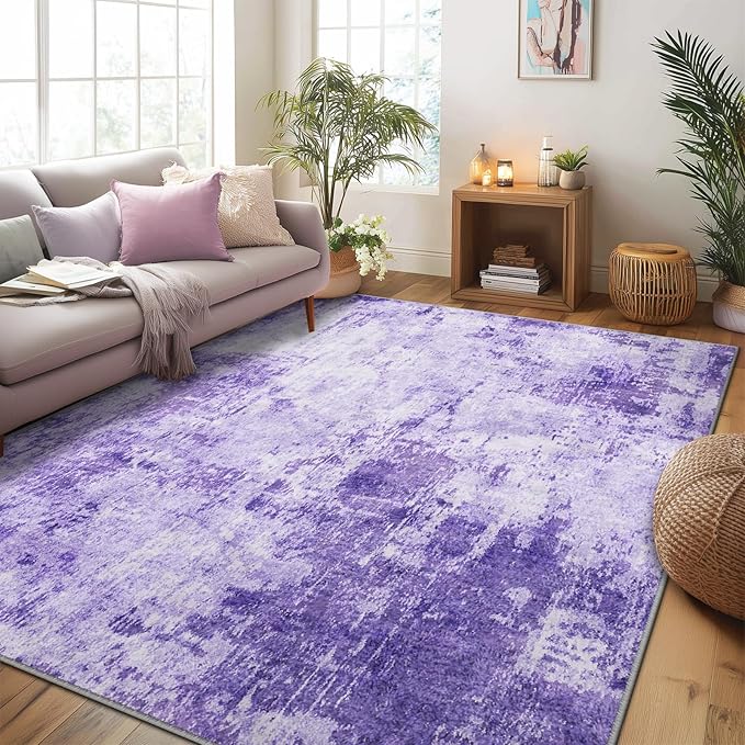 Washable Area Rugs 5'x7' Non-Slip Modern Abstract Soft for Living Room Entryway Bedroom Nursery, Print Pattern, Purple Gray Pink White