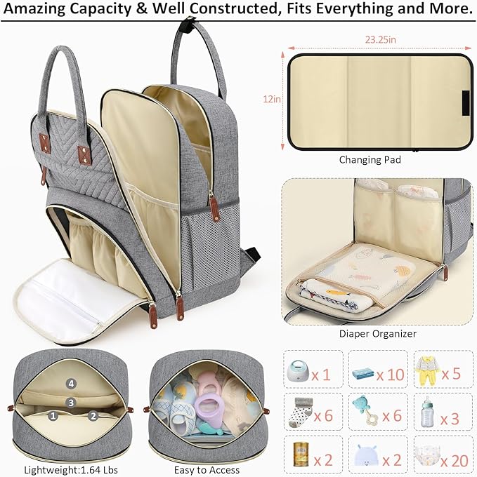 Diaper Bag Backpack for Women with Changing Pad, Baby Bag with Insulated Pockets Multifunctional Diaper Bags For Baby Girl Boy Waterproof Baby Bags For Boys Girls Maternity Bag Grey
