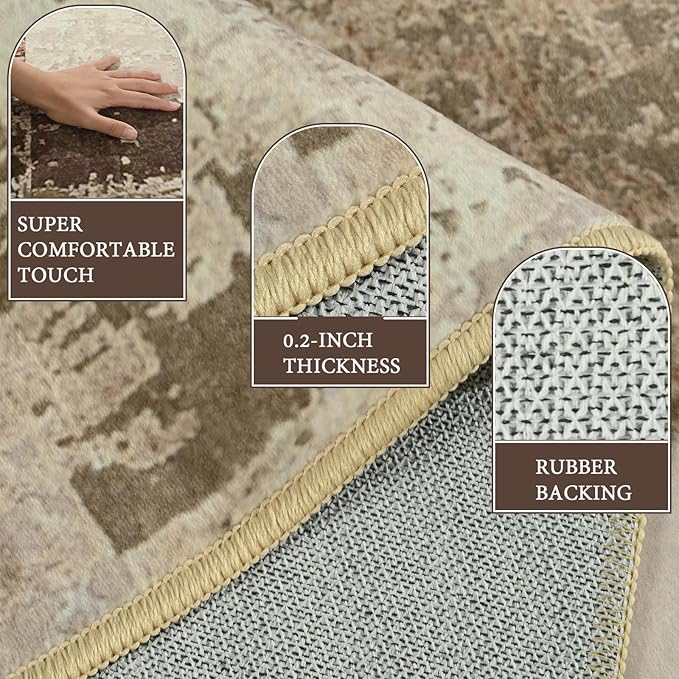 LOCHAS Rug for Living Room, Washable Soft Area Rugs for Bedroom 8x10, Abstract Carpet for Indoor Office Kids Dining Room Nursery Floor, Khaki Geometric Vintage Home Decor, Non Slip, Pet Child Friendly