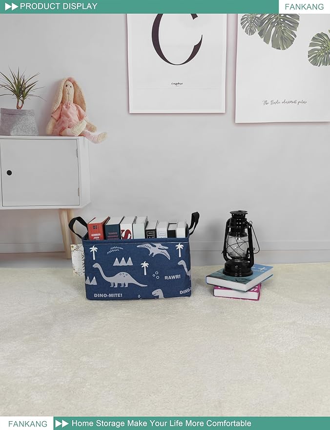 FANKANG Storage Bins, Nursery Hamper Canvas Laundry Basket Foldable with Waterproof PE Coating Large Storage Baskets for Kids Boys and Girls, Office, Bedroom, Clothes,Toys(Rec-Blue dinosaur