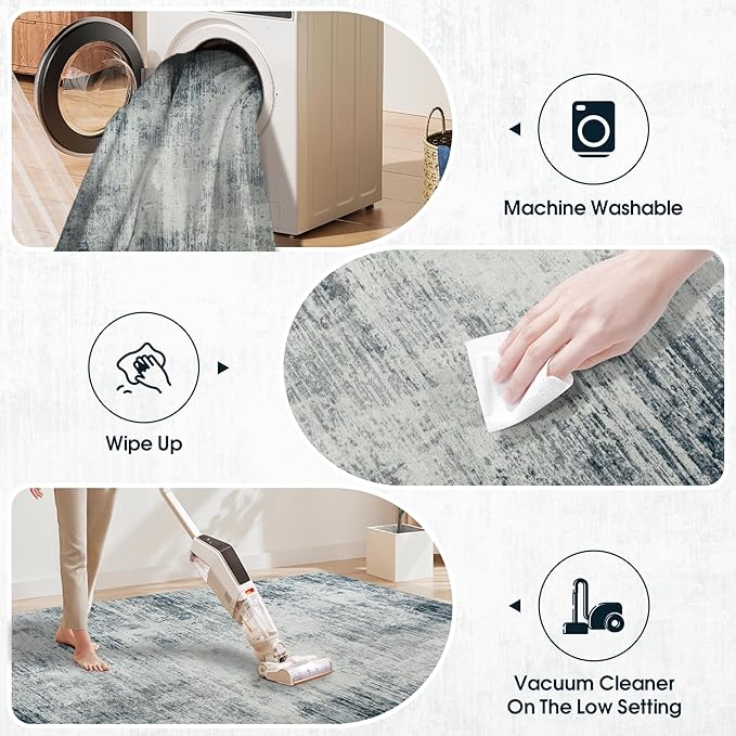 Washable Rug 6x9 Area Rugs, Abstract Washable Rugs with Non-Slip Backing, Stain Resistant Indoor Floor Carpet for Bedroom Dining Room Table Nursery Hallway Home Office-Blue/Ivory