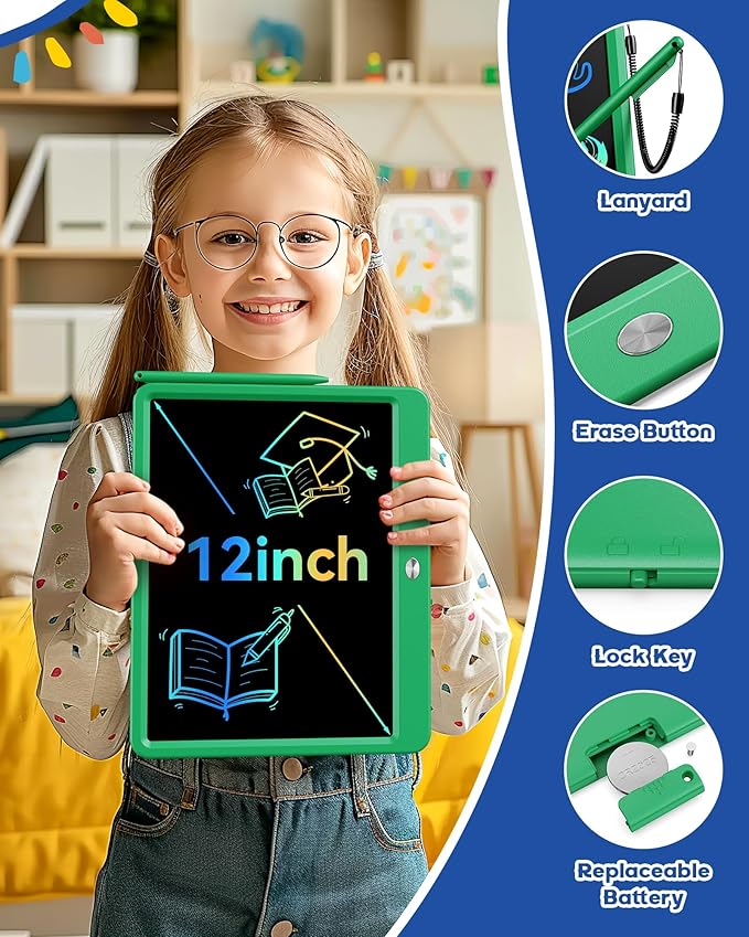 Bravokids 12 Inch LCD Writing Tablet for 3 Year Olds - Electronic Drawing Pad and Doodle Board as Educational Birthday Gifts for Girls and Boys (Green)
