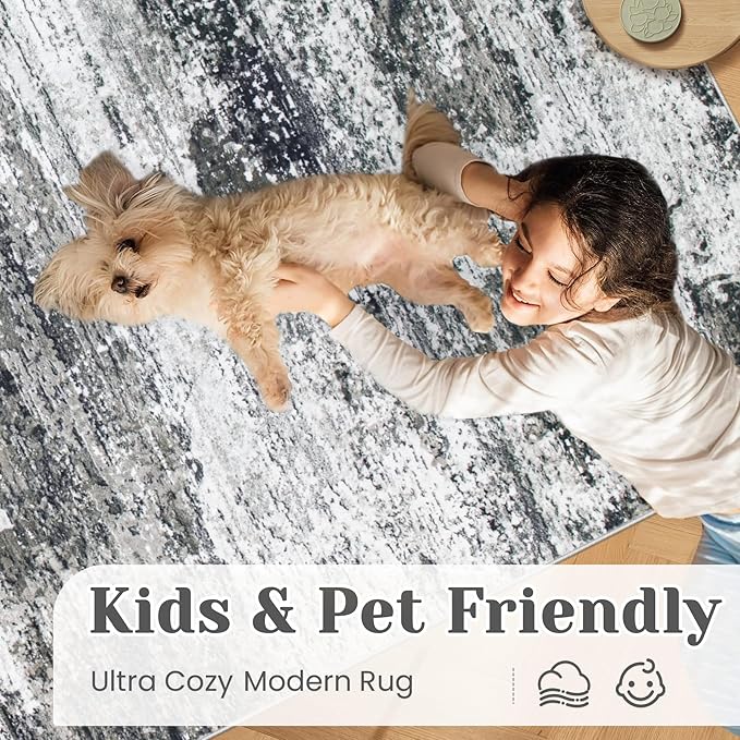 Washable Rug 6x9 Area Rugs for Living Room: Neutral Soft Rug Abstract Non Slip Low Pile Modern Carpet for Bedroom Kitchen Nursery Office Dining Room Indoor (Black, 6'x9')