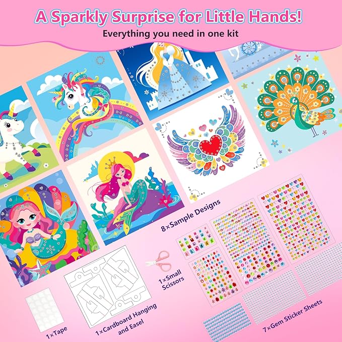 Marlrin Gem Sticker Kit for Kids, 8 Unicorn Princess Themes, Crafts Kits for Girls Ages 4-8, Arts & Crafts Toys, Diamond Art Kits for Kids - Birthday and Christmas Gift for Girls Ages 3, 4, 5, 6, 7, 8