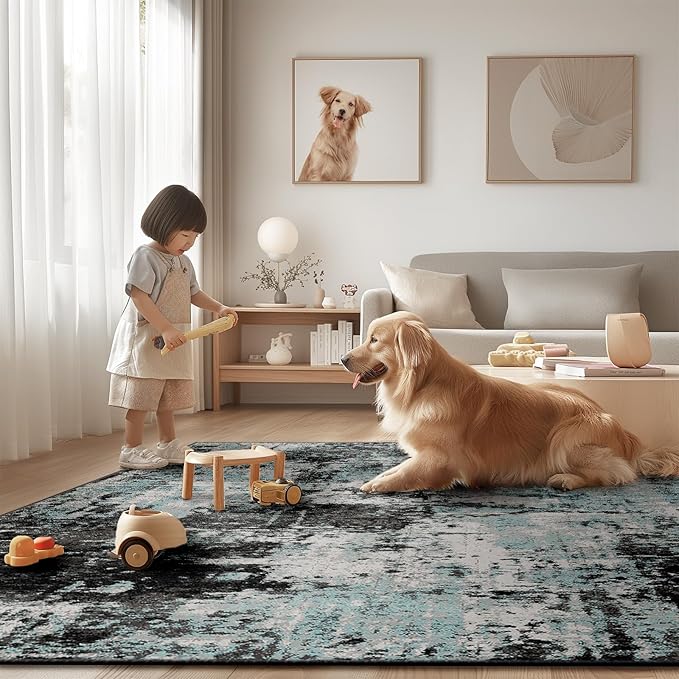 Washable Area Rugs 6ft Non-Slip Modern Abstract Soft for Living Room Entryway Bedroom Nursery, Print Pattern, Blue Black Teal