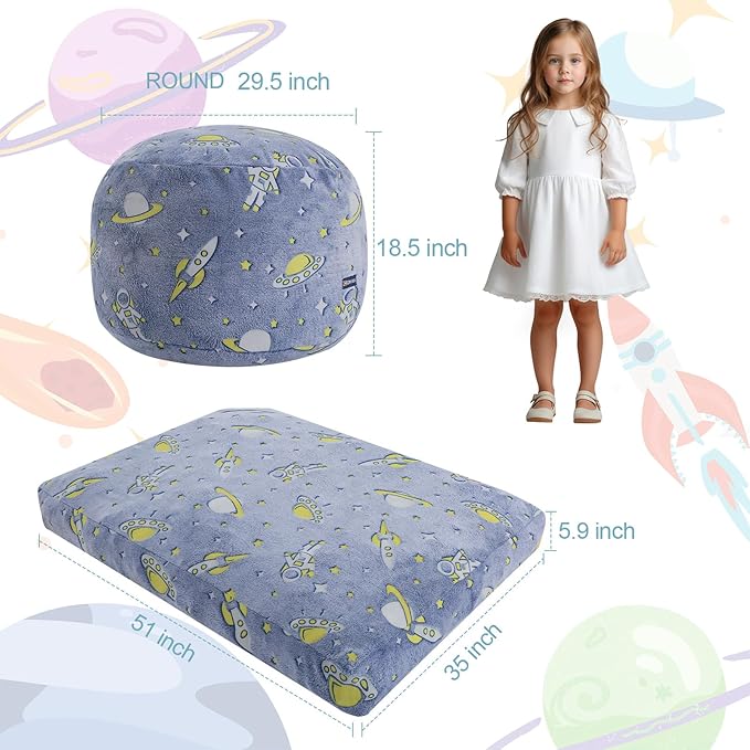 COMAX Kids Bean Bag Chair Turn into Beanbag Bed, Toddler Bean Chair for Girl Boy Sleeping, Lazy Children Bean Bags with Filler, Convertible Child Floor Mattress, Blue Universe
