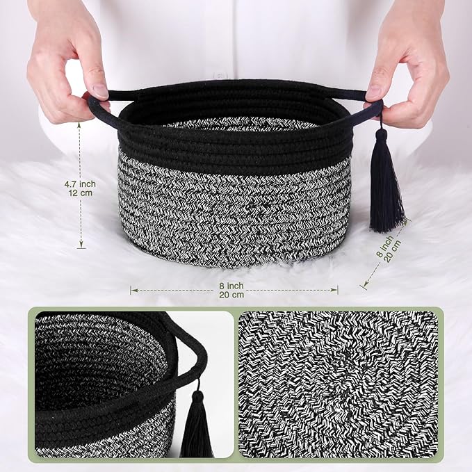 Empty Gift Basket Mini Woven Rope Organizer Baskets for Baby Shower, Vanity, Makeup Brushes, Bathroom, Shelves, Desk - Small Decorative Storage Bins - Set of 2, Pre-Shaped, Black Grey