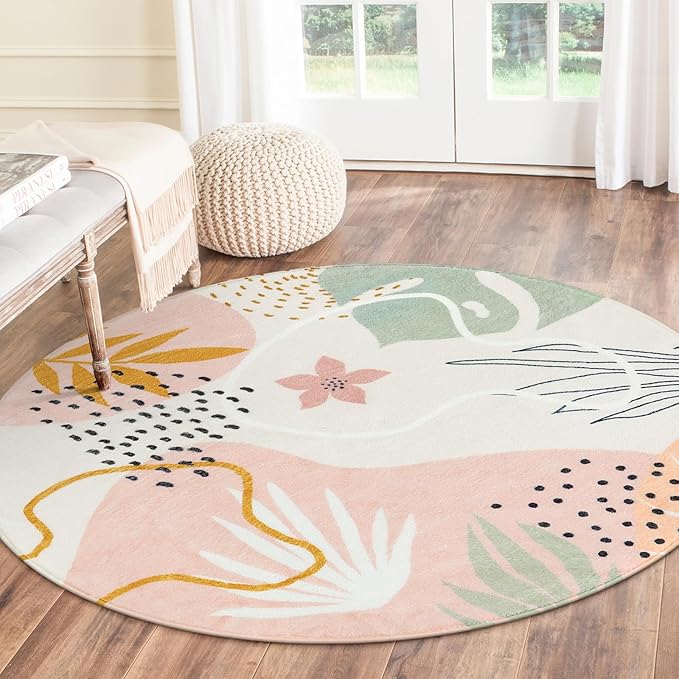 Lahome Pink Round Rug 7Ft - Washable Boho Area Rug for Living Room & Dining Room, 7'x7' Soft Non-Slip Ultra-Thin Botanical Print Carpet for Bedroom & Office