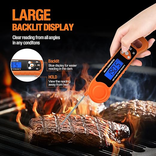 Digital Meat Thermometer for Grilling, Candy Thermometer Instant Read Food Thermometer Waterproof with Backlight for Cooking, Deep Fry, BBQ, Grill, Smoker and Roast (Orange)