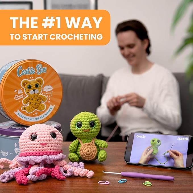 Cookie Box Crochet Kit for Beginners - Learn to Craft Amigurumi Stuffed Animals - Knitting Gift for Kids and Adults - Beginner-Friendly Yarn - Stitch-by-Stitch Video Tutorial - Bear Bruno