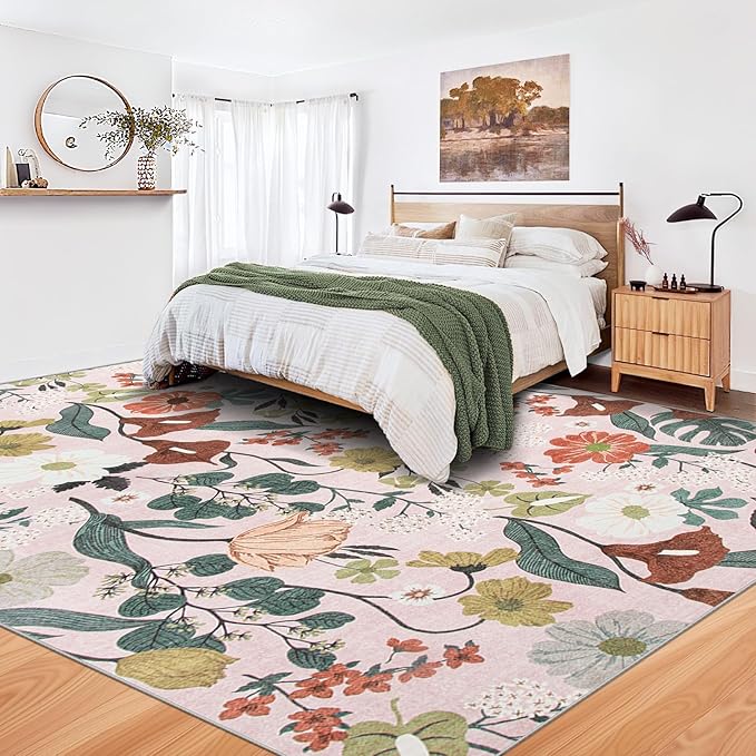 8x10 Area Rug for Living Room: Vintage Floral Washable Rug Soft Boho Non Slip Carpet Large Indoor Floor Non Shedding Low Pile Thin Carpets for Bedroom Dining Room Farmhouse Nursery Home Light Pink