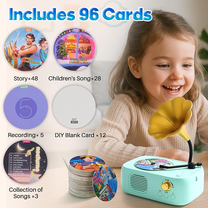 Kids Phonograph Toddler Record Player， with 96 Learning Cards, Early Education Machine Record Player Music Box Storyteller pop Speakers, Gift for Boys and Girls