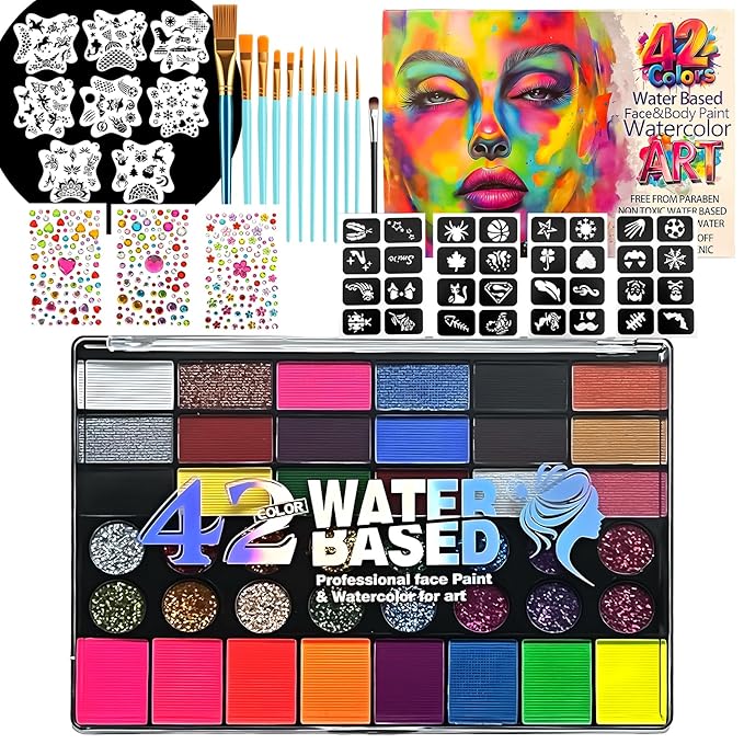 42 Color Face Paint Kit for Kids – Non-toxic Water-Based Makeup Palette with Stencils, Brushes & Gems – Face Painting Kit for Kids Ideal for Halloween, Parties, Festivals, Body Art & More