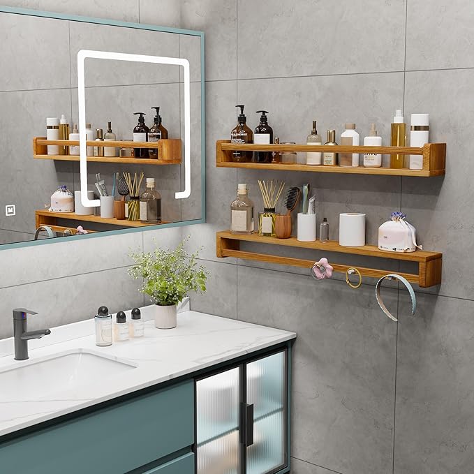 Heimlove Nursery Floating Shelves - 32 inch Solid Wood Wall Mounted Book Shelves for Kids, Set of 3