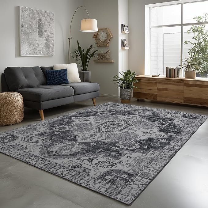 Washable 6x9 Area Rug for Living Room, Carpet for Bedroom Dining Room, Non Slip&Non-Shedding Resistant Low Pile Vintage Print Rug for Home Office (Medium Gray)