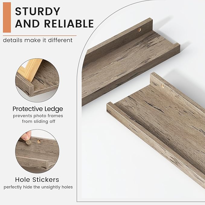 Floating Picture Ledge Shelves for Wall Set of 8, 16 Inch Solid Wood Wall Shelves with Lip Long Large Nursery Book Shelf for Toys Storage Kids Bookshelf Wall Mounted Living Room Bedroom Decor Frames