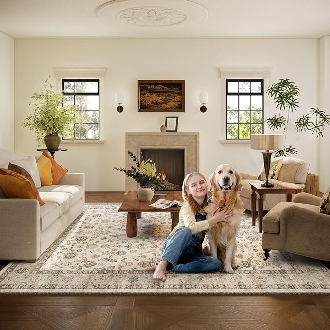 Washable Area Rugs for Living Room: 5x7 Bedroom Rug Boho Vintage Area Rug Stain Resistant Non Slip Low Pile Lightweight Soft Carpets for Dining Room Kitchen Nursery Kids Room Playroom Home Office