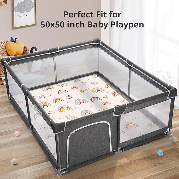 Foldable Baby Play Mat, PIGLOG 50x50 Playpen Mat, Safe Foam Playmat for Tummy Time, Waterproof Playmats for Babies and Toddlers Kids, Reversible Portable Baby Floor Mat for Infant, Rainbow Rain