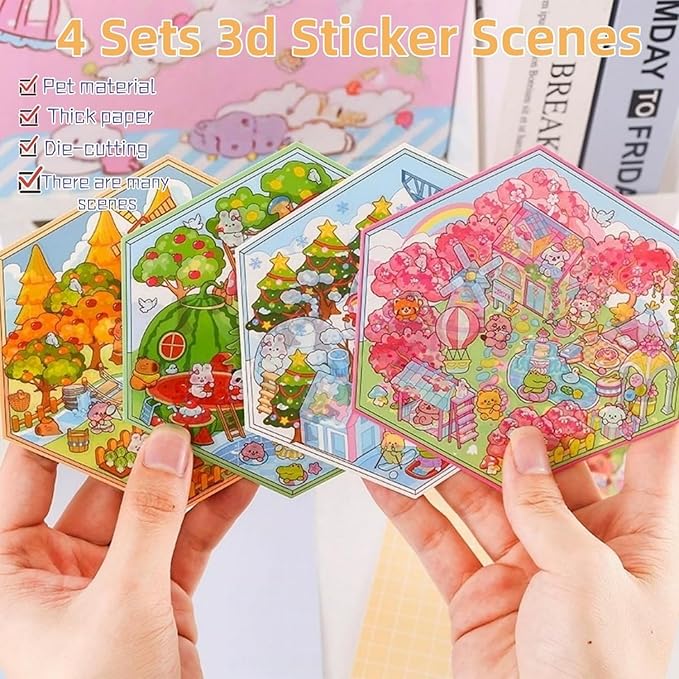 4 Sets DIY 3D House Stickers - Four Seasons Theme: Create Your Own Cute Cartoon Miniature Scene Sticker Art Kit for Kids & Adults, Stress Relief (Spring Summer Autumn Winter Theme)