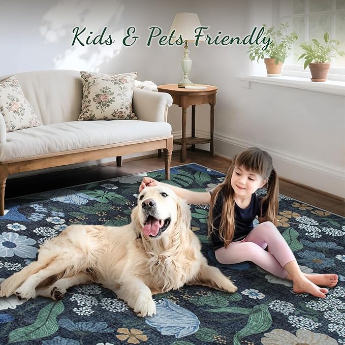 Area Rug Living Room Rugs: 6x9 Washable Rug Vintage Floral Soft Boho Non Slip Carpet Indoor Floor Non Shedding Low Pile Thin Carpets for Bedroom Dining Room Farmhouse Nursery Home Office Blue