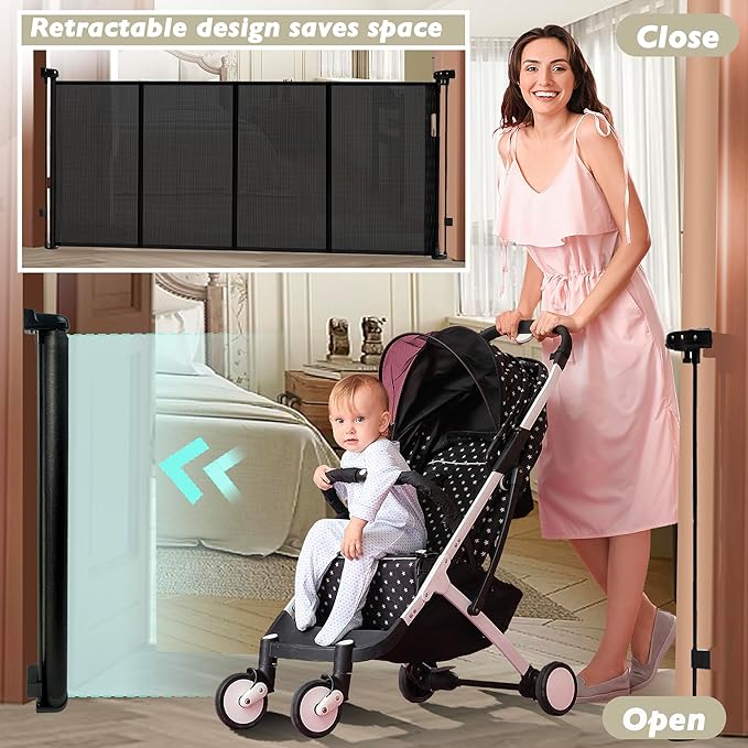 150" Extra Wide Retractable Baby Gates Dog Gate for Large Opening, 41" Extra Tall Mesh Pet Gate, Long Child Safety Gates with Fiberglass Rods for Stairways, Doorways, Hallways - Indoor/Outdoor Use