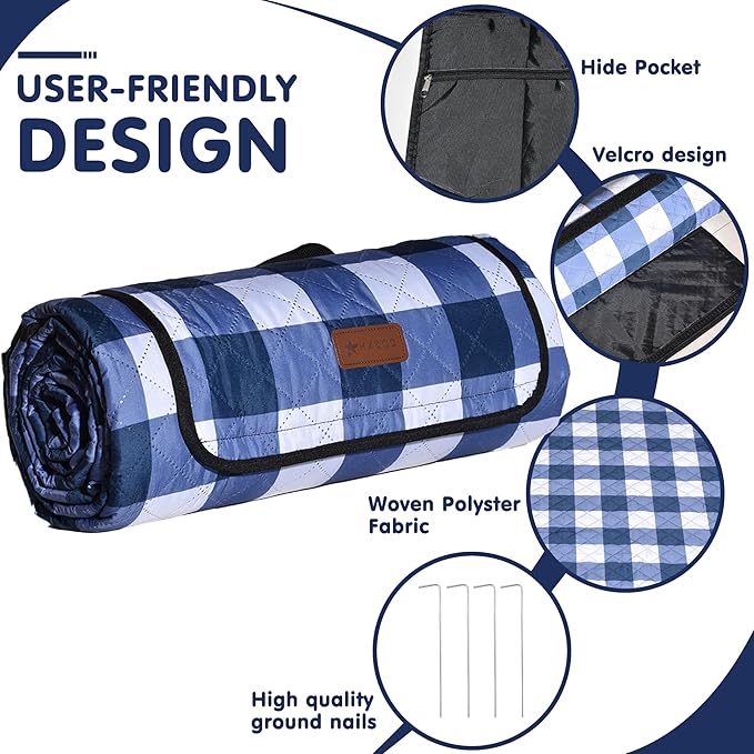 HX&OD Outdoor Picnic Blanket, Extra Large, 80''x80'' Waterproof Foldable Blankets Gingham Picnic Mat for Beach, Camping Grass Lawn Park Accessories Cute Couple Ideas Wedding (Blue, 80”x80”)