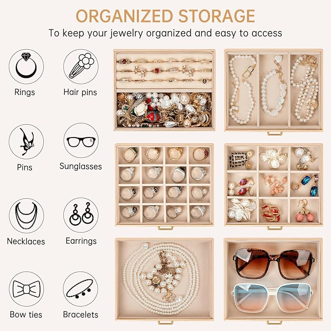 AKOZLIN 6-Tier Jewelry Box Organizer Functional 5 Drawers Leather Jewelry Storage Case for Women Girls Ring Necklace Earring Bracelet Holder Organizer with Mirror Champagne