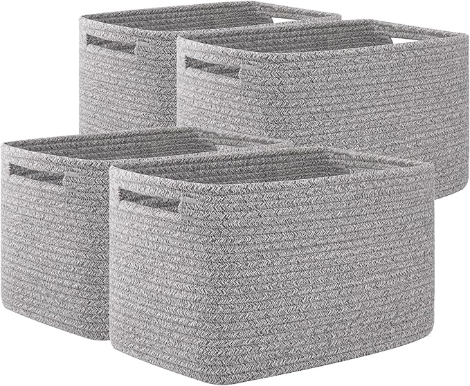 OIAHOMY 4 Pack Storage Baskets for Organizing, Cube Storage Bins for Shelves, Rectangle Storage Baskets With Handles, Woven Baskets for Storage, 12.7''Lx9''Wx7.8''H, Grey