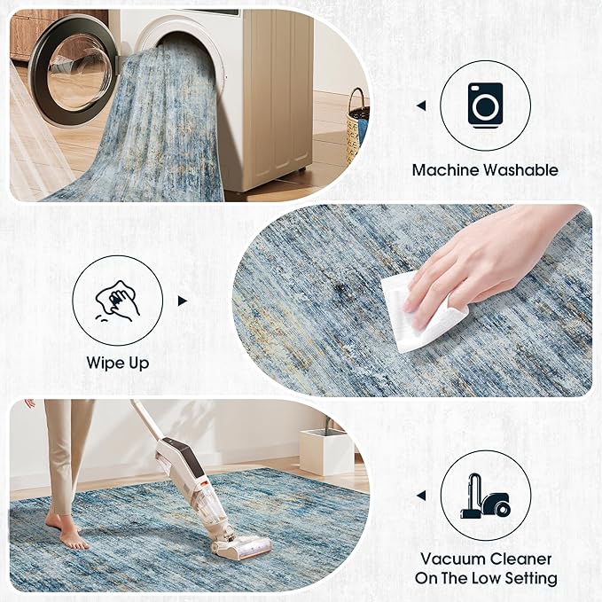 Area Rug 5x7 Living Room Rugs: Abstract Large Washable Rugs with Non-Slip Backing, Thin Carpet for Dining Room Table Bedroom Nursery Indoor Home Office-Blue/Brown