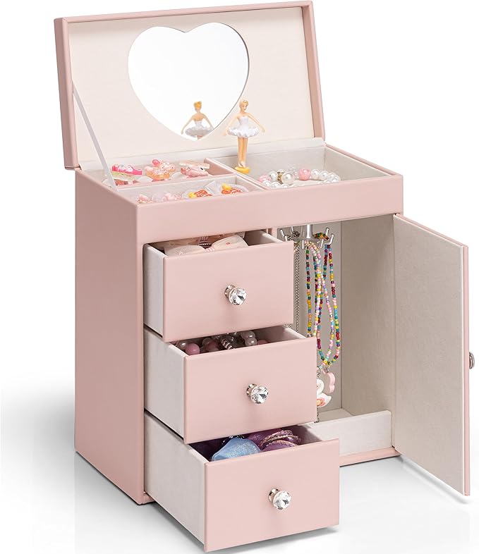 Vlando Musical Jewelry Box for Girls, Large Kid Music Box with Ballerina for Birthday Bedroom Decor, 4 Layer Girl Jewelry Gifts for Girls Kids - Pink