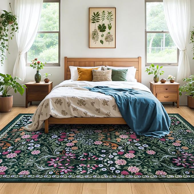 8x10 Area Rugs for Living Room: Floral Washable Rug Vintage Large Soft Boho Non-Slip Carpet Indoor Floor Stain Resistant Carpets for Bedroom Dining Room Farmhouse Nursery Home Office Dark Green