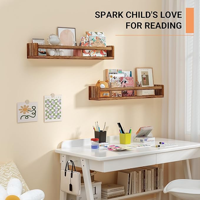 Heimlove 24 Inch Nursery Floating Shelves, Nursery Book Shelves for Wall, Wall Bookshelf for Kids Solid Wood Wall Mounted Shelves for Books,Toys and Decor Storage, Set of 2