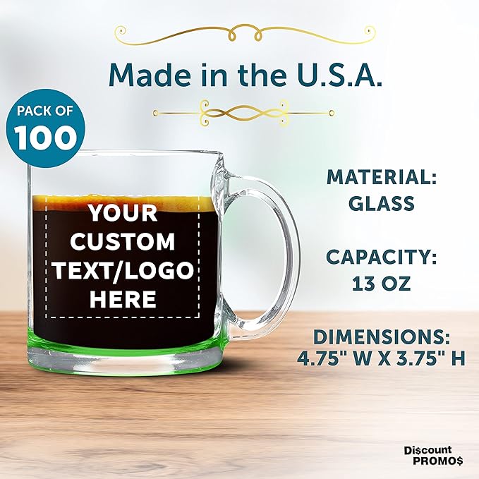 Custom Libbey Clear Glass Coffee Mugs 13 oz. Set of 100, Personalized Bulk Pack - Perfect for Coffee, Tea, Espresso, Hot Cocoa, Other Beverages - Green Bottom
