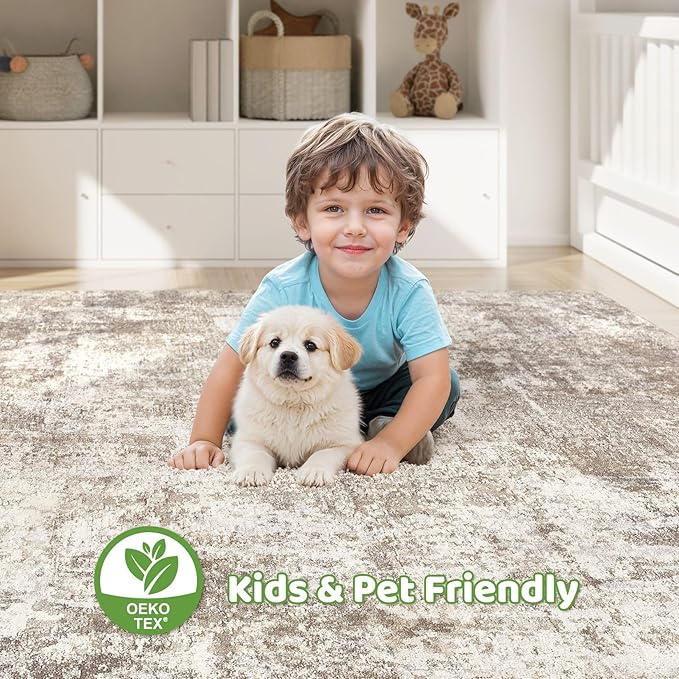 8x10 Area Rugs Living Room: Washable Large Abstract Soft Rug Stain Resistant Indoor Floor Non-Slip Accent Carpet for Women Modern Home Enthusiasts Aged 25-45 - Bedroom Nursery Playroom- Beige Brown