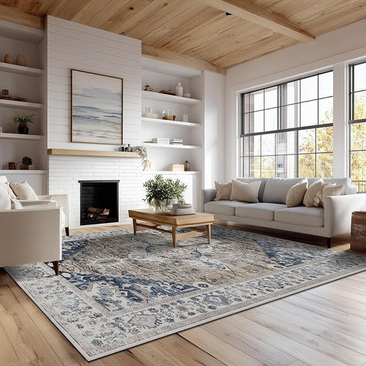 4x6 Washable Area Rug for Living Room, Carpet for Bedroom, Soft Faux Wool Retro Dining Room Rug, Non Slip&Non-Shedding Resistant Low Pile Vintage Print Rug for Home Office (Taupe/Blue)