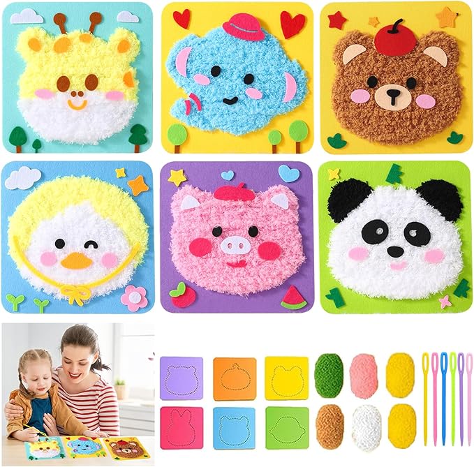 DIY Embroidery Doll Kit, Cartoon Animal Craft Sewing Kit for Kids, Felt Crafts, Beginner Sewing for Kids Ages 4-8 Plus - Helps Develop Fine Motor Skills (6PCS-Deer/Elephant/Bear/Duck/Pig/Panda)