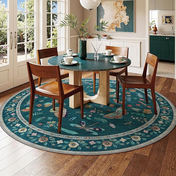 6ft Washable Round Rug - Bug Rugs for Living Room Non-Slip Low Pile Soft Ultra-Thin Machine Washable Circle Carpet for Bedroom, Entryway, Nursery, Kitchen, Home Office (6' Round Teal)