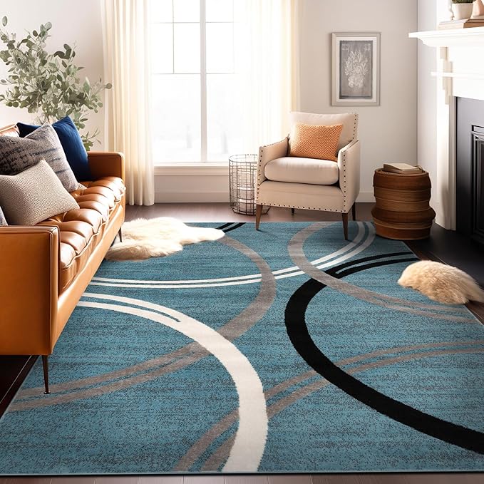 Rugshop Modern Wavy Circles Design Area Rug 8'8" x 12' Blue
