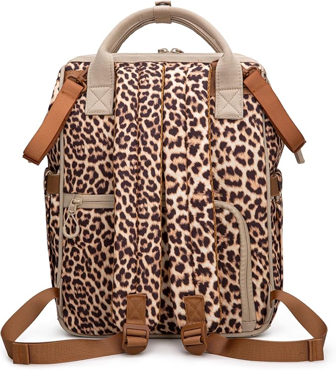 Wrangler Leopard Print Backpack Multifunction Baby Travel Bag with Changing Pad, Stroller Straps and Pacifier Case WG2204-91103LP-BR