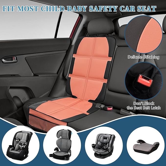 Car Seat Protector for Child, 2 Pack Covers with Mesh Pockets & Non-Slip Backing, 600D Durable Under Seat for Back (Orange, Large)